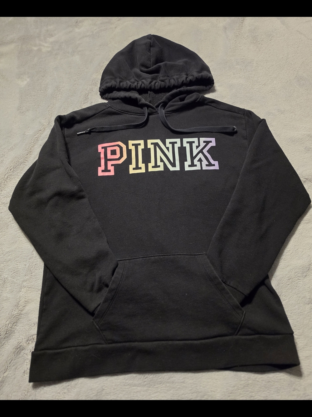 PINK Victoria's Secret Black Hoodie Sweatshirt with Rainbow Lettering